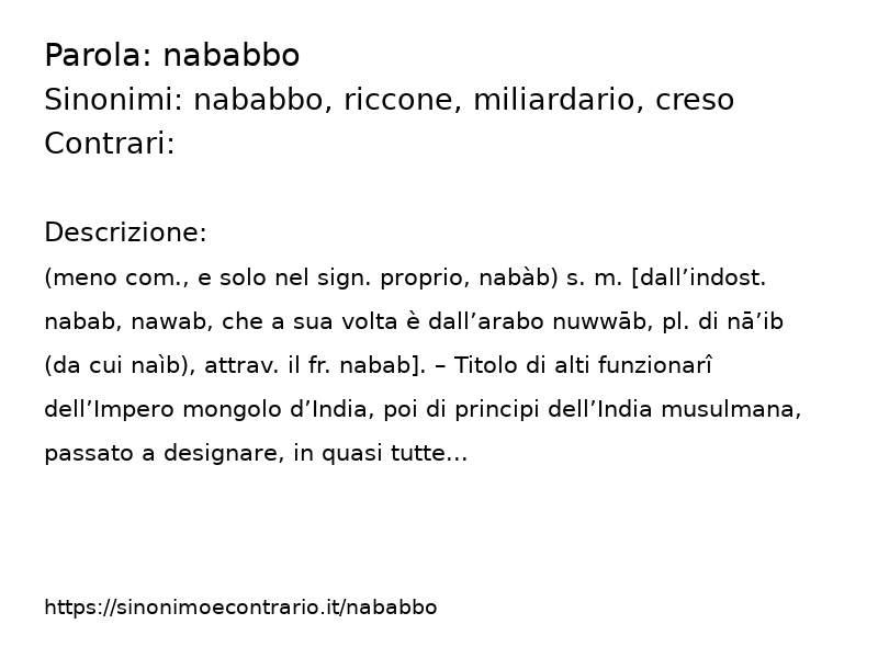 Sinonimo e contrario della parola nababbo  - Sinonimo e Contrario</title>